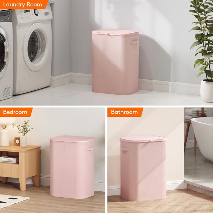 Lifewit 85L Large Laundry Basket with Lid, Laundry Hamper with Plastic Handles and Removable Bag, Foldable Tall Dirty Clothes Hampers for Laundry for Laundry Room, Bedroom, Bathroom, Dorm, Pink
