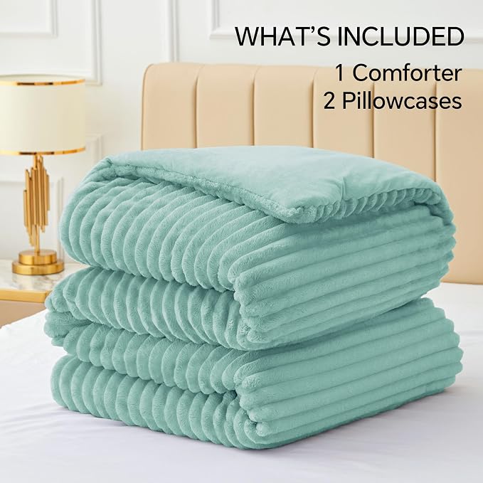 BEDELITE Fleece Full Comforter Set, Fluffy Bed Set, Haze Blue | Super Soft & Warm Bedding, Luxury Fuzzy Faux Fur Comforter for Winter, Heavy Plush Bedding, with 2 Pillowcases