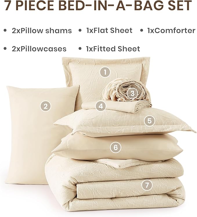 Monbix King Size Comforter Set 7 Pieces Birch Marble Bed in a Bag | Lightweight All Season Bedding Sets with Comforter, Sheets, Pillowcases & Shams