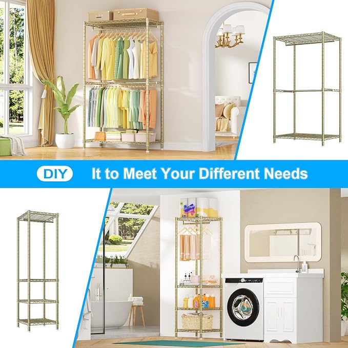 E10 Clothes Rack(With Stretchable Hanger Rod)Freestanding Clothing Racks for Hanging Clothes,Adjustable Closet Organizer System,Portable Garment Rack 73-97"W x 15" D x 72" H,Max Load 800LBS,Gold