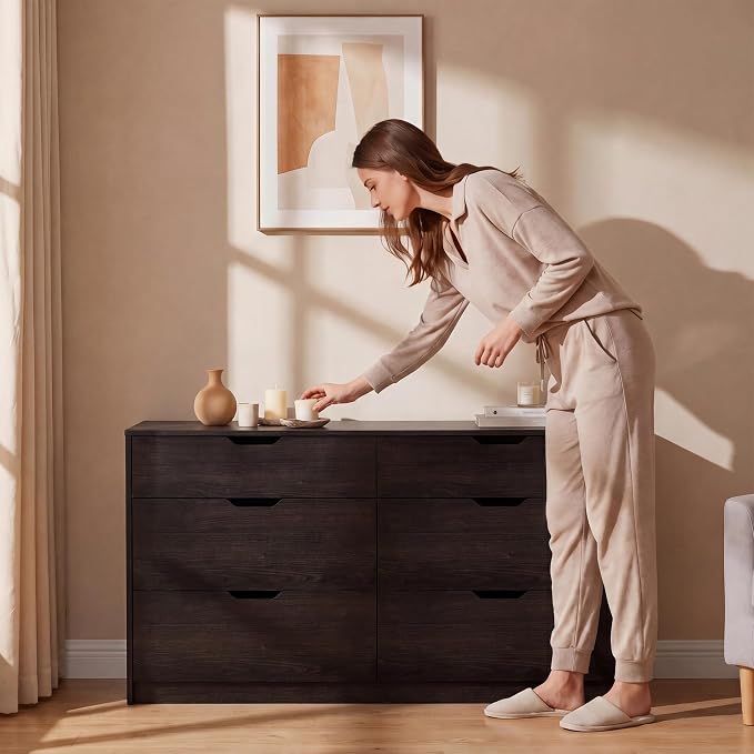YESHOMY Dresser for Bedroom, 47.2" Modern Wood Chest with 6 Drawers | Two Drawer Sizes, Anti-Tip, Storage Cabinet & TV Stand for Living Room, Closet, Entryway, Brown