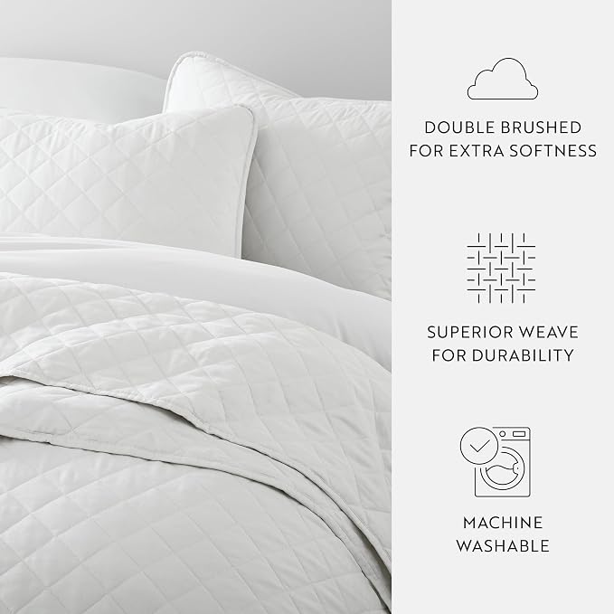 Merit Linens Modern Quilt Coverlet Soft Set in Diamond Stitching - King/Cal-King White