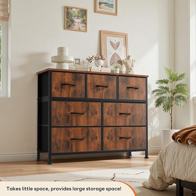 Sweetcrispy 7 Drawer Dresser for Bedroom Storage with Fabric Bins, Brown | Anti-Tip Closet Organizer, Wooden Top and Sturdy Steel Frame, Spacious Drawers for Clothes Storage, Hallway Entryway