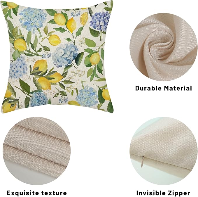 Blue Yellow Pillow Covers 24x24 Inch 2 Pcs Blue Hydrangea Floral Decor Throw Pillows Vintage Lemon Flower Seasonal Summer Outdoor Decoration Pillowcase Linen Cushion Cover for Couch Sofa