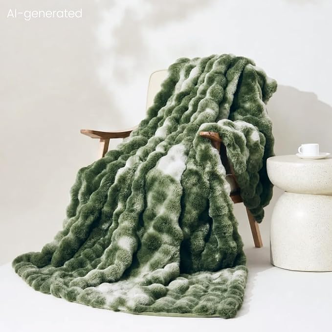 Cozy Bliss Faux Fur Throw for Couch, Fuzzy Soft Plush Thick Bubble Blanket for Sofa Bedroom Living Room, 50x60 Inches Tie-dye Olive Green