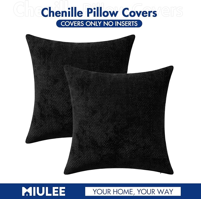 MIULEE Decorative Couch Throw Pillow Covers 18x18 Inch Black 2 Pack | Modern Boho Accent, Soft Chenille Pillow Covers, Farmhouse Cushion Cases for Home Decor Bed Sofa Living Room