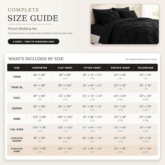 HIMEET Full Size Comforter Set Black - 7 Pieces Pintuck Bed in a Bag | OEKO-TEX Certified, 240GSM Down Alternative Comforter, 14" Deep Pocket Fitted Sheet + Flat Sheet + 2 Pillowcases + 2 Shams