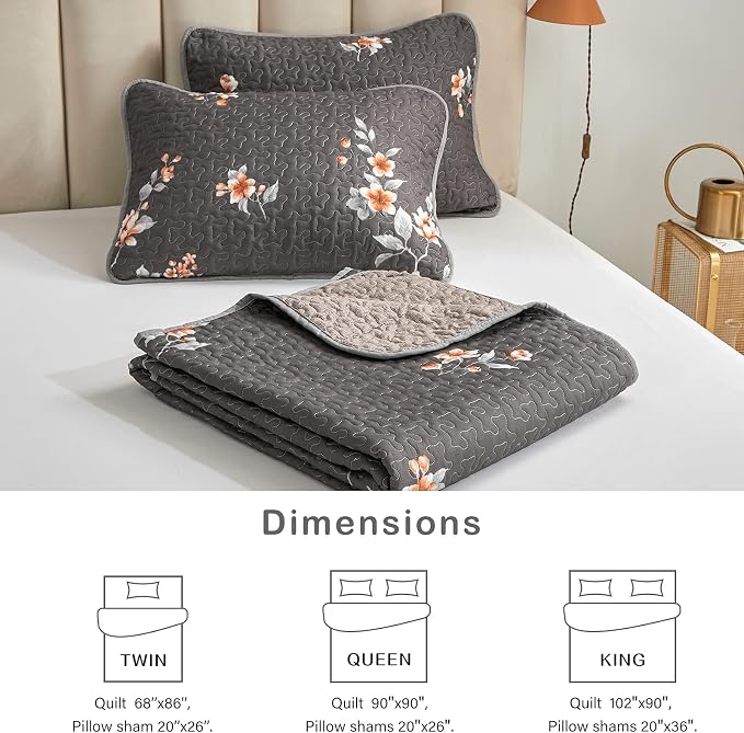Flysheep 3 Pieces Quilt Set Full/Queen Size, Dark Gray Floral Reversible Bedspread Coverlet Set, Soft Microfiber Lightweight Bed Cover for All Season (90" x 90", 1 Quilt+ 2 Pillow Shams)
