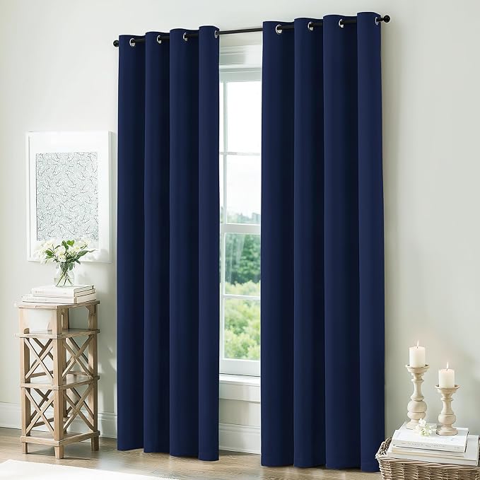 COSVIYA Navy Blue 100% Blackout Curtains for Bedroom with White Back | 2 Thick Layers Full Room Darkening Thermal Insulated Curtain,Grommet Window Drapes for Living Room, 52x72 Inch, 2 Panels
