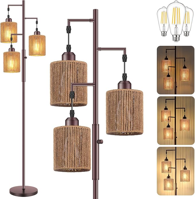 Hotsonic 72" Boho Rattan Tree Floor Lamp, Tall Dimmable Industrial Standing Lamp, Corner Decor Accent Lighting for Living Room, Bedroom, Dining Room, Nursery, Cafe (3 x 800LM Bulbs Included) - Brown