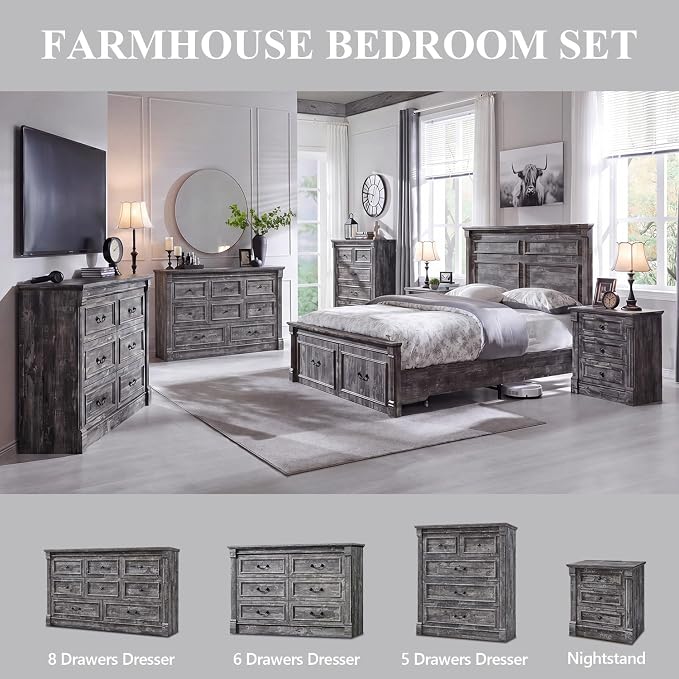 Aitjunz Farmhouse 47'' Wide 6 Drawer Dressers for Bedroom, Light Grey | Chests of Drawers w/Roman Columns, Horizontal Wooden TV Stand Dresser w/Metal Handle for Bedroom, Hallway, Living room