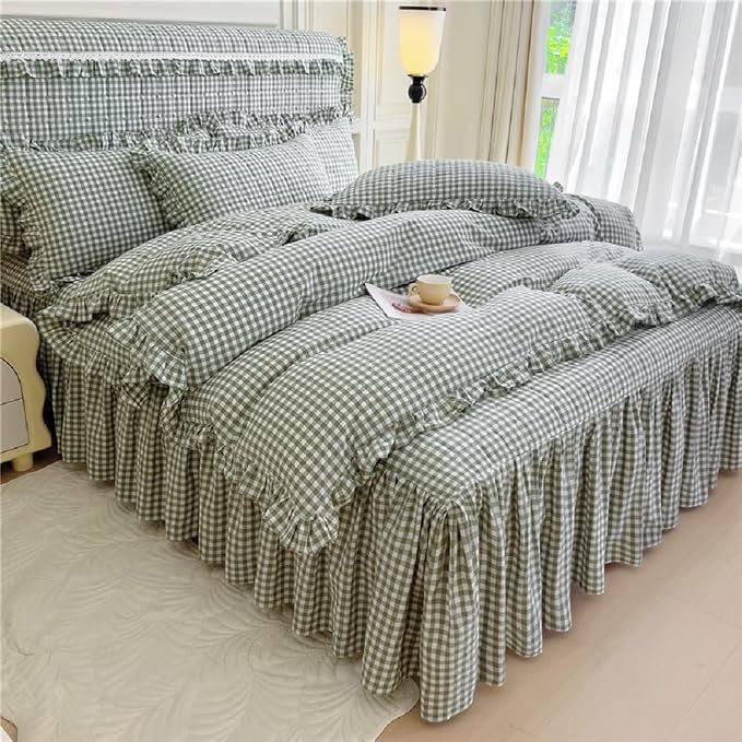 LifeTB Green Gingham Comforter Set Full Size Ruffle Plaid Checkered Pattern Comforter Farmhouse Grid Plaid Gingham Bedding Comforter Set with 2 Pillowcases Fluffy Soft Lightweight Grid Bedding Set