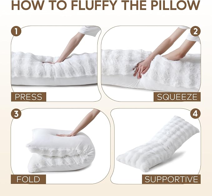 DOWNCOOL Premium Large Body Pillow Insert with Faux Rabbit Fur Cover - Large Full Body Pillows for Adults - Soft Long Bed Pillows for Side Sleepers - 20x54 inch (White, with Cover)