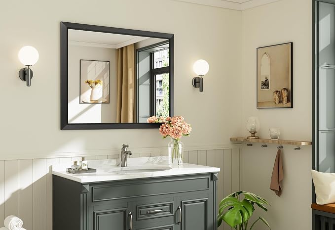 Black Metal Framed Bathroom Wall Mirror, 40x32 Inch | Anti-rust, HD tempered glass, for bathroom vanity, bedroom, living room, horizontal or vertical mount