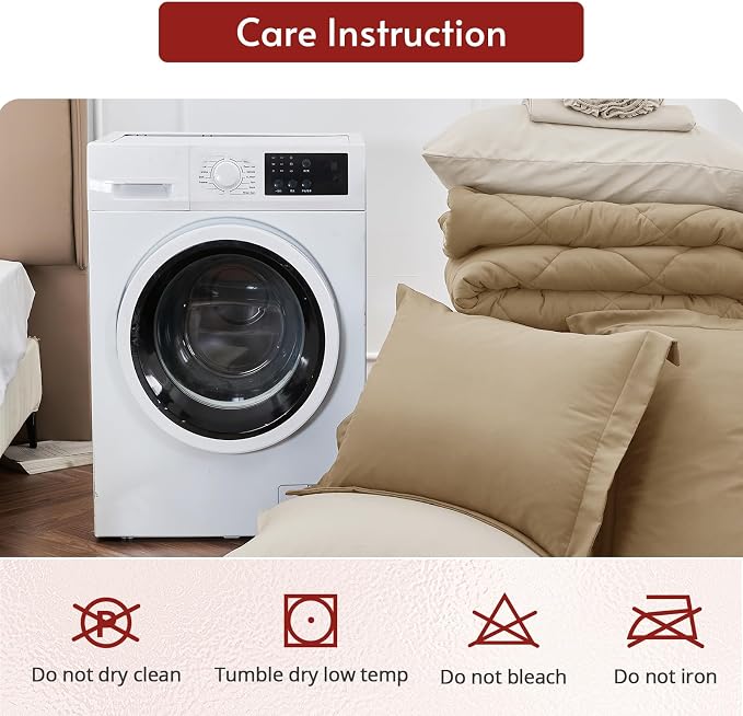 7 Pieces Full Comforter Set, Reversible Bed in a Bag Full Size, All Season Bedding Set with Comforter, Flat Sheet, Fitted Sheet, Pillowcases & Shams, Khaki & Linen