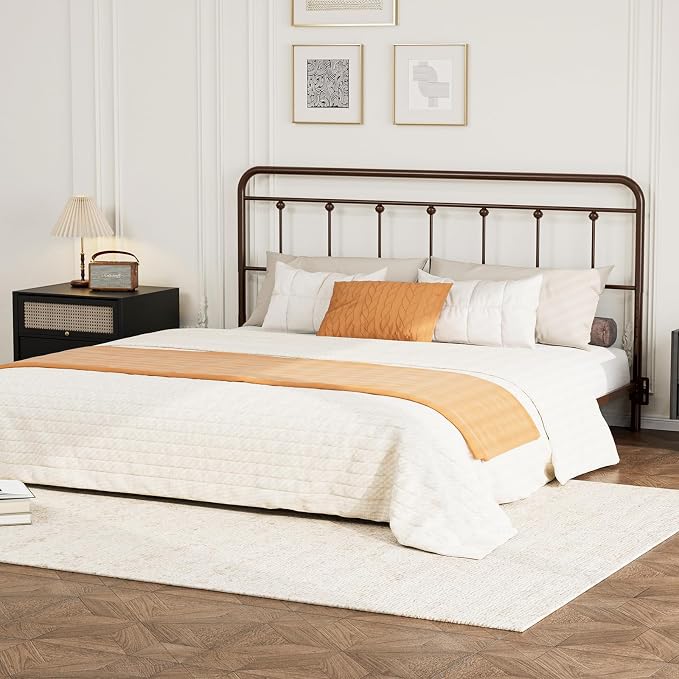 Victorian Metal King Size Headboard Only, Brown | 34"-44.6" Adjustable Height, Steel King Head Board with Bed Frame Brackets Adapter, Easy Assembly, Farmhouse Vintage Style