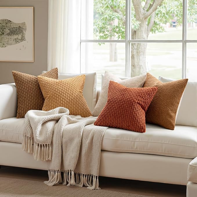 MIULEE Fall Decorative Throw Pillow Covers 16x16 Rust Textured Corduroy | Terracotta Pack of 2 Striped Pillow Covers Modern Farmhouse Autumn Home Decor for Couch Bed Sofa Living Room