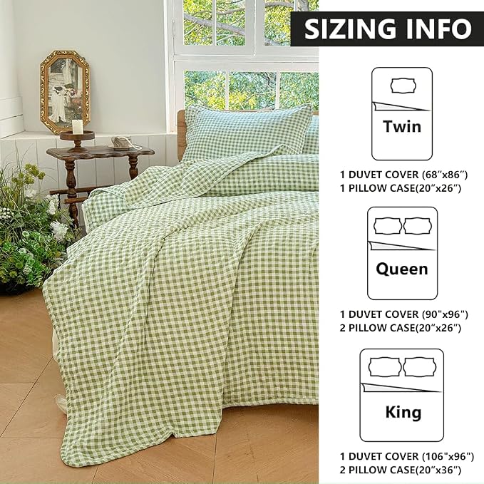 NSNLGSGC Sage Green Gingham King Summer Bedspread Quilt Set | Pre-washed Microfiber,Lightweight Checked Grid Bedding Coverlets for All Seasons
