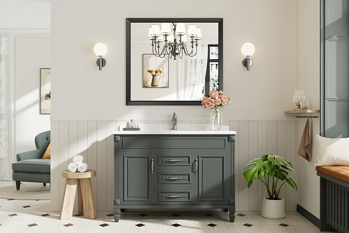 Black Metal Framed Bathroom Wall Mirror, 40x36 Inch | Anti-rust, HD tempered glass, for bathroom vanity, bedroom, living room, horizontal or vertical mount