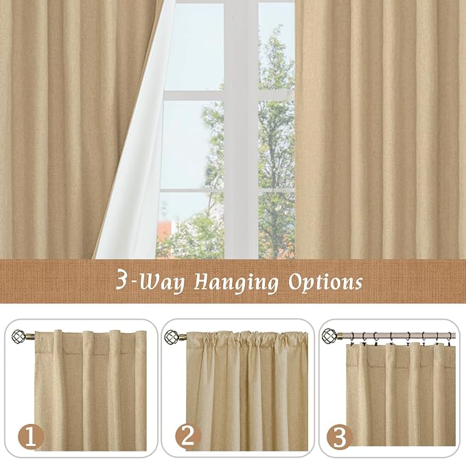 Natural 100% Blackout Linen Bedroom Curtains 63 Inches 2 Panels | Full Room Darkening, Thermal Curtains, Neutral Panels for Farmhouse, Rod Pocket Back Tab, White Liner, 52 x 63 Inch, Burlap