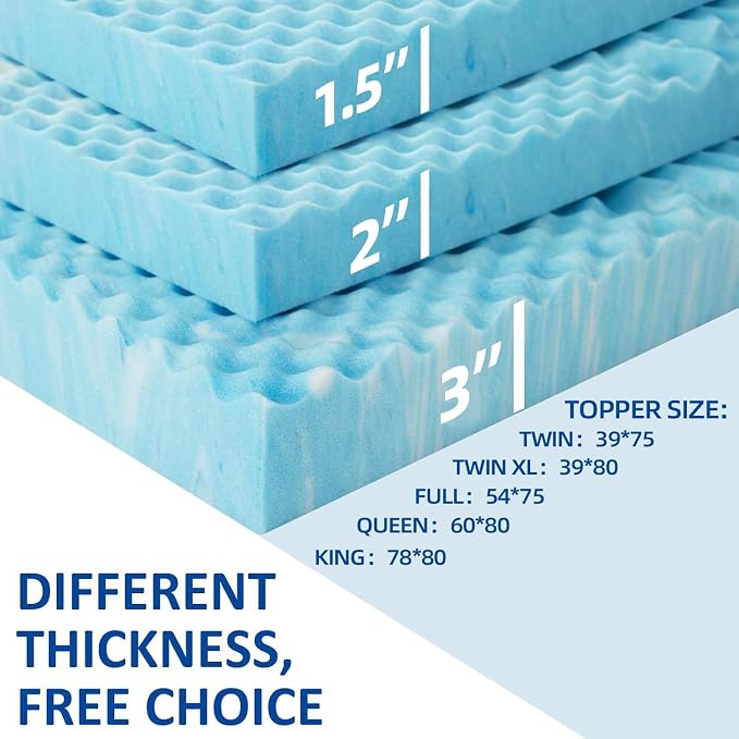 SINWEEK Mattress Topper 5-Zone Memory Foam Mattress Topper Pressure Relieve Soft Mattress Pad, CertiPUR-US Certified, 1.5 Inch Twin Size, Blue