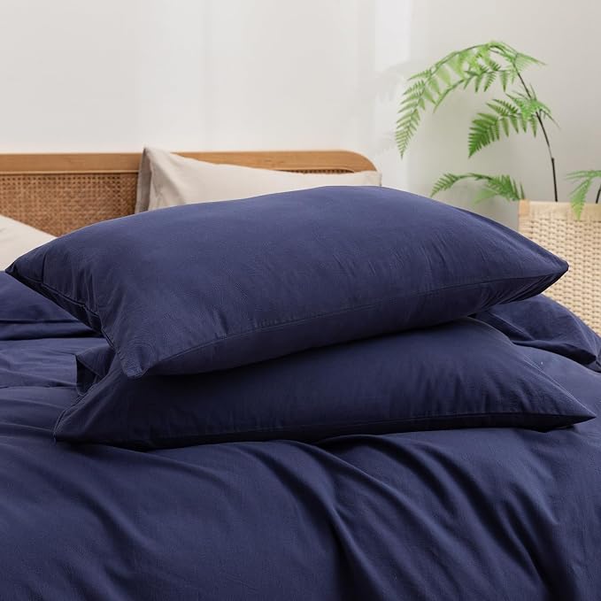 BESTOUCH Cotton Solid Duvet Cover Set Linen Feel Navy Blue Super King | 100% Washed Cotton, Soft Wrinkle Texture, Hidden Zipper, 8 Ties, Breathable Lightweight Durable Comfy, 3 Pcs No Insert