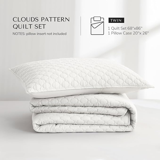 HORIMOTE HOME Cream Quilt Twin Size, Lightweight Quilt for Summer Ultra-Soft Microfiber Modern Style Quilted Clouds Pattern Bedspread Quit Set 2 Pieces (1 Quilt and 1 Pillow Sham)