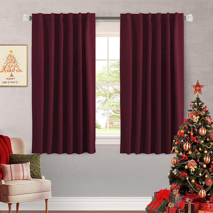 H.VERSAILTEX Christmas Blackout Curtains Thermal Insulated Window Treatment Panels Blackout Drapes for Living Room Back Tab/Rod Pocket Bedroom Draperies, 52 x 54 Inch, Burgundy Red, 2 Panels