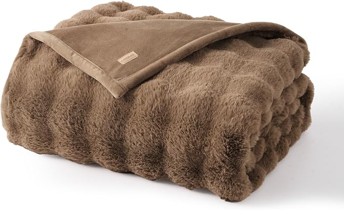 EverGrace Faux Rabbit Fur Bubble Throw Blanket, 50"x60", Natural Tan | Ultra Soft, Luxury Faux Rabbit Fur Throw, Thick Warm Bubble Blanket, Cozy Fluffy Reversible, for Bed, Couch, Chair, Sofa