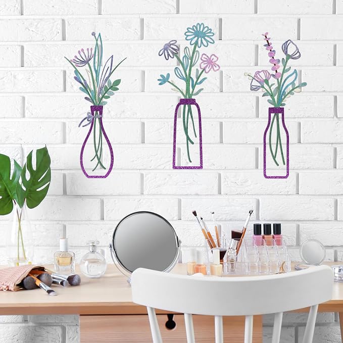 Pigort 3 Pieces Metal Flowers Wall Arts - Rustic Farmhouse Decor Purple Minimalist Flower Wall Decors for Living room Bathroom Bedroom Dining Room-Housewarming Gifts(Purple, Vase-C)