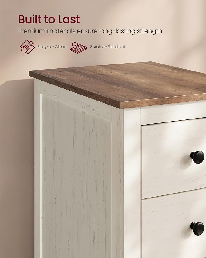 VASAGLE LIRY Collection-Farmhouse Nightstand with 3 Drawers, Slim Side End Table with Storage, Narrow Bedside Table for Bedroom, Office, Cloud White and Warm Brown, ULET132W101S