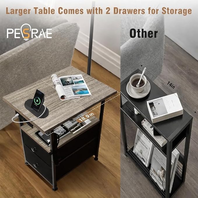 PESRAE Floor Lamp with Table & 2 Drawers, End Table with Lamp, Vintage Grey | Charging Station with USB, Type-C & AC Outlet; 9W LED Bulb with 3 Color Temperatures for Bedroom, Living Room & Home Office