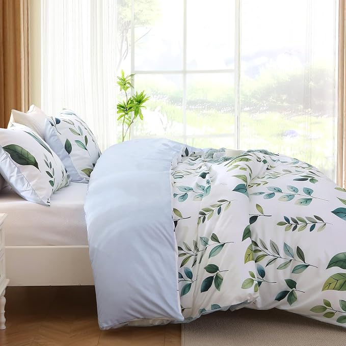 MUXHOMO Duvet Cover Queen Size, Reversible Floral Vintage Duvet Cover Set with Zipper Closure, 3 Pieces Botanical Patterns Soft Microfiber Bedding Set (90"x90", 2 Pillow Cases, Green Foliage White)