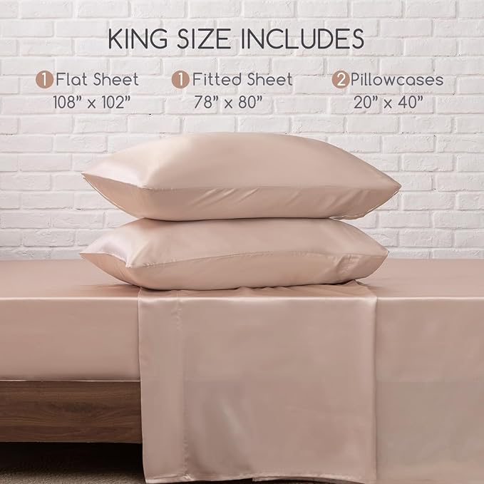 MR&HM Satin Sheets King Size with Elastic Corner Straps, Champagne | Similar to Silk, 4-Piece Silky Soft Bed Sheet Set, Gentle on Skin and Hair, 15" Deep Pocket, Cooling & Breathable