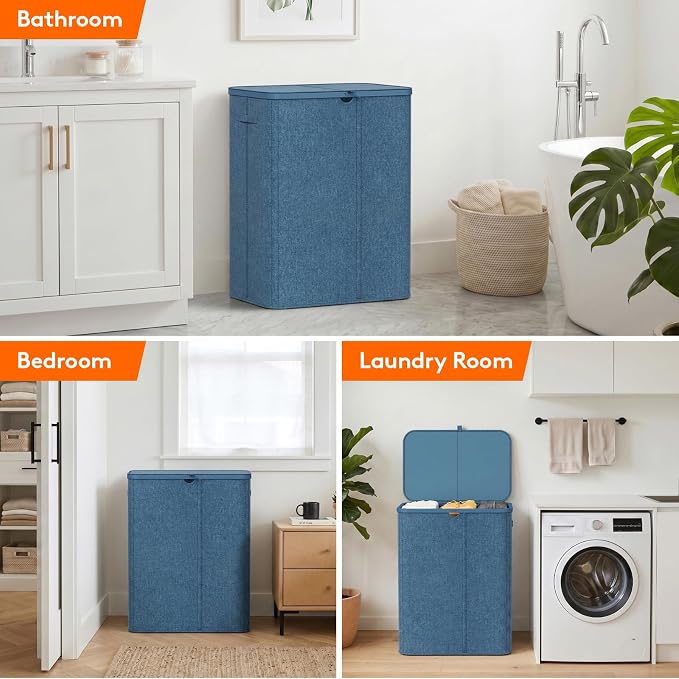 Lifewit 185L 3 Section Laundry Hamper with Lid, Laundry Basket, Dark Blue | Large Foldable Laundry Sorter with 3 Removable Bags, Tall Clothes Hamper for Bedroom and Bathroom