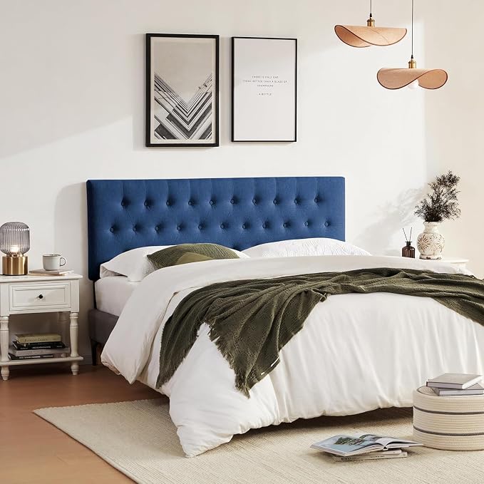 Tufted Upholstered Headboard Queen Size, Adjustable Height 37- 51 in, Blue | Sturdy and Durable Solid Wood Bed Headboard, Fabric Queen Headboard Only, Modern Button Diamond Design Head Board