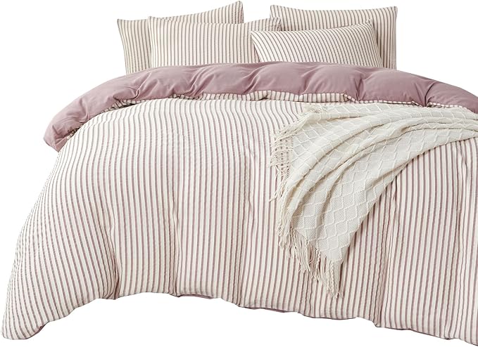 Comforter Set King Purple Soft Luxury Washed Microfiber Jacquard 3 Pieces Bedding, White Grayish Purple Vertical Ticking Stripes Pattern Comforter with 2 Pillowcases Breathable Durable Comfy