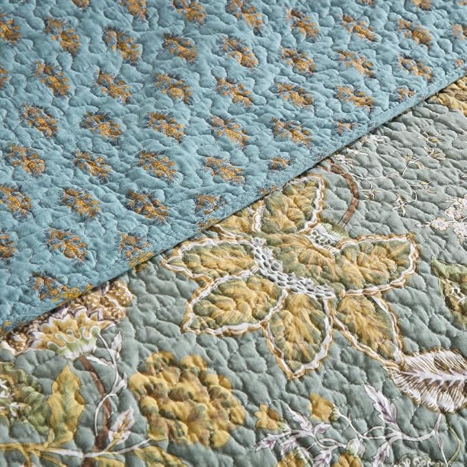 Wistown Cotton Bedspread Bedding Coverlet Quilt Sets, Reversible Vintage Branch Floral Bedspread comforters, (Rustic Sage Green Floral Pattern, King Size)