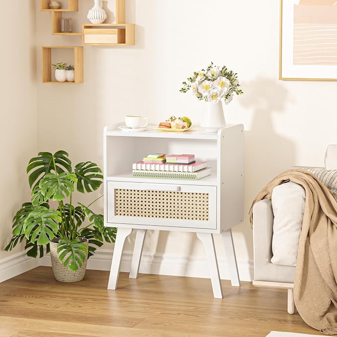 Lerliuo Rattan Nightstands Set of 2, Bedside Table with Drawer Open Shelf | Cane Accent Side End Table with Solid Wood Legs, White Mid Century Night Stand for Bedroom, Dorm and Small Spaces