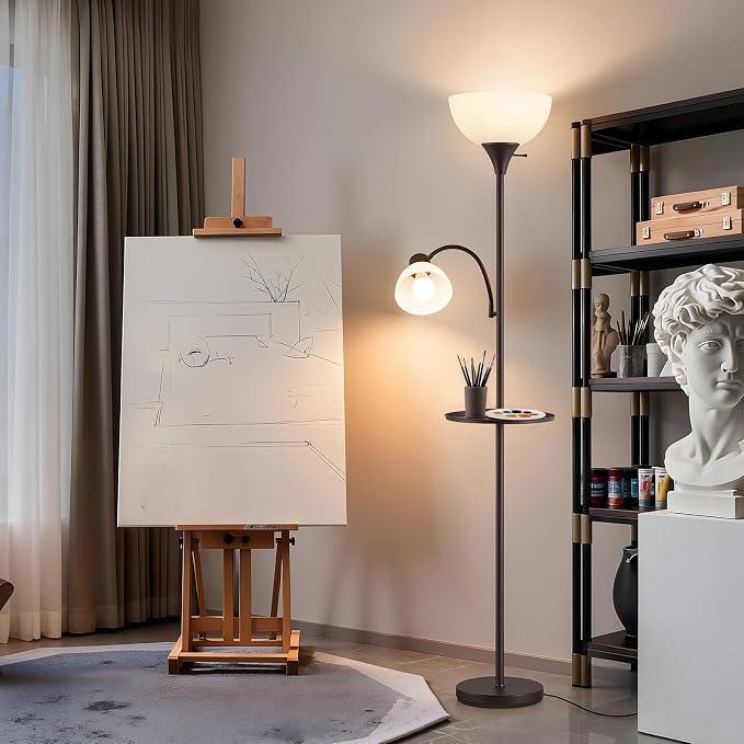 72" Floor Lamp with Table, Adjustable Reading Lights, Torchiere Floor Lamps | Modern for Living Room, Bedroom, Office, Brown【Bulb not included】
