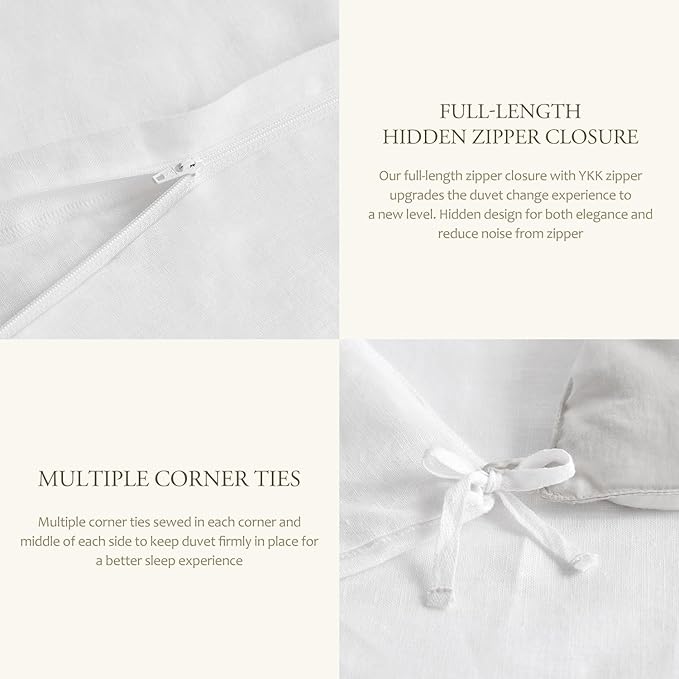 DAPU 100% French Linen Duvet Cover 3Pcs Set, 170GSM Linen Bedding, Queen | Soft Breathable All-Season for Hot sleepers, Corner Ties & Zipper Closure, French Linen Flax from Normandy, White