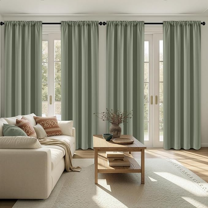 MIULEE 84 Inch Length Sage Green Blackout Bedroom Curtains Set of 4 | Thermal Curtains for Summer Heat, Light Blocking Privacy Bedroom Window Drapes, Top&Bottom Rod Pocket, Living Room