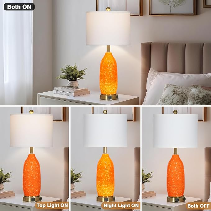 Rinweey 26" Modern Orange Glass Table Lamp Set of 2,Bedside Lamps with USB A+C Ports & AC Outlet, Nightstand Lamp with 3-Way Dimmable Touch Control Night Light for Bedroom Living Room(Bulbs Included)