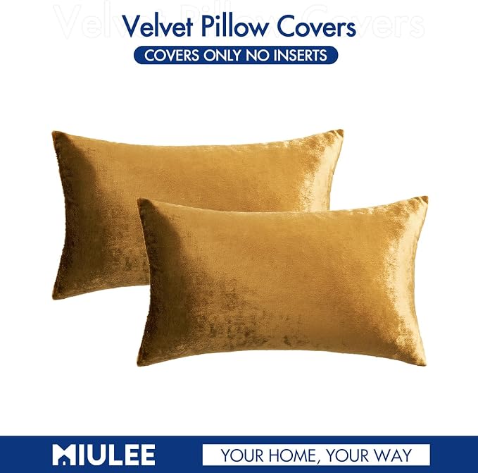 MIULEE 12x20 Inch Lumbar Velvet Throw Pillow Covers Dark Gold | Pack of 2 Soft Solid Decorative Pillow Covers, Modern Luxury Home Decor, for Chair Couch Sofa Bedroom Livingroom