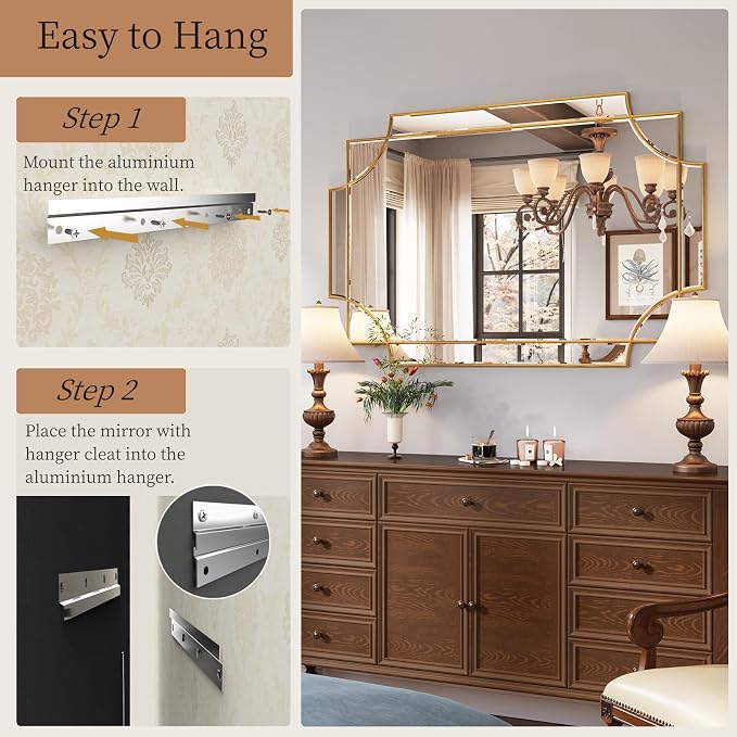 Kelly Miller 30"x48" Gold Foil Scalloped Edge Decorative Vanity Wall Mirror | Hand-Applied Gold Foil Finish. HD Mirror With French Cleat. Elegant Beveled Wall Mirror Decor For Bathroom Bedroom Entryway.