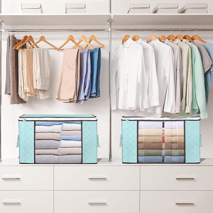 90L Large Storage Bags, 4 Pack Clothes Storage Bins Closet Organizers | Foldable Storage Containers, with Reinforced Handle, for Clothing, Blanket, Comforters, Bed Sheets, Pillows and Toys,Blue