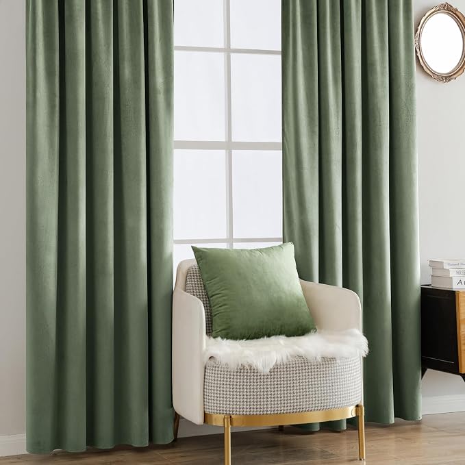 MIULEE Sage Green Velvet Curtains 52x84 inches Luxury Blackout Curtains | Thermal Insulated, Super Soft Window Drapes for Bedroom Living Room, Rod Pocket & Back Tab