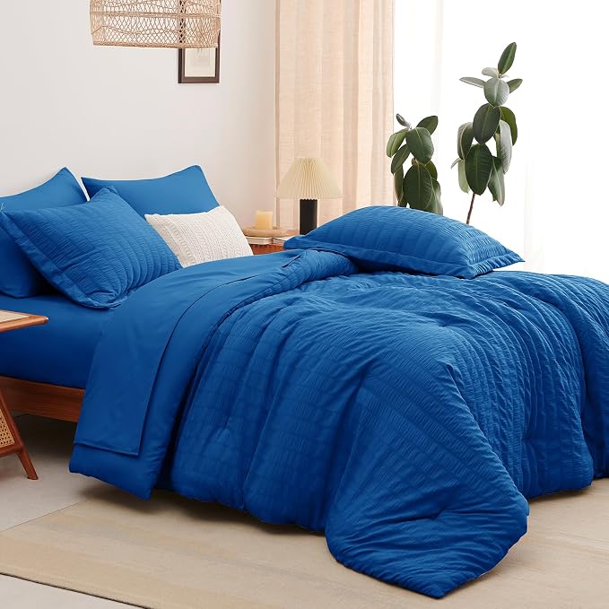 Full Comforter Sets, 7 Pieces Classic Blue Seersucker Bed in a Bag | OEKO-TEX Certified, All Season Bedding Set with 240 GSM Down Alternative Comforter, Flat & Fitted Sheets, Pillowcases & Shams
