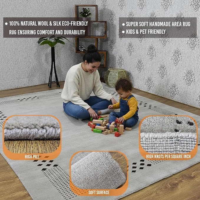 Rugsotic Carpets Hand Knotted Loom Wool ECO-Friendly Area Rugs - 3'x5', Rectangle Shape, Beige Color, Contemporary, High Pile Thick Handmade Anti Skid Area Rugs for Living Room, Bed Room (L00530)