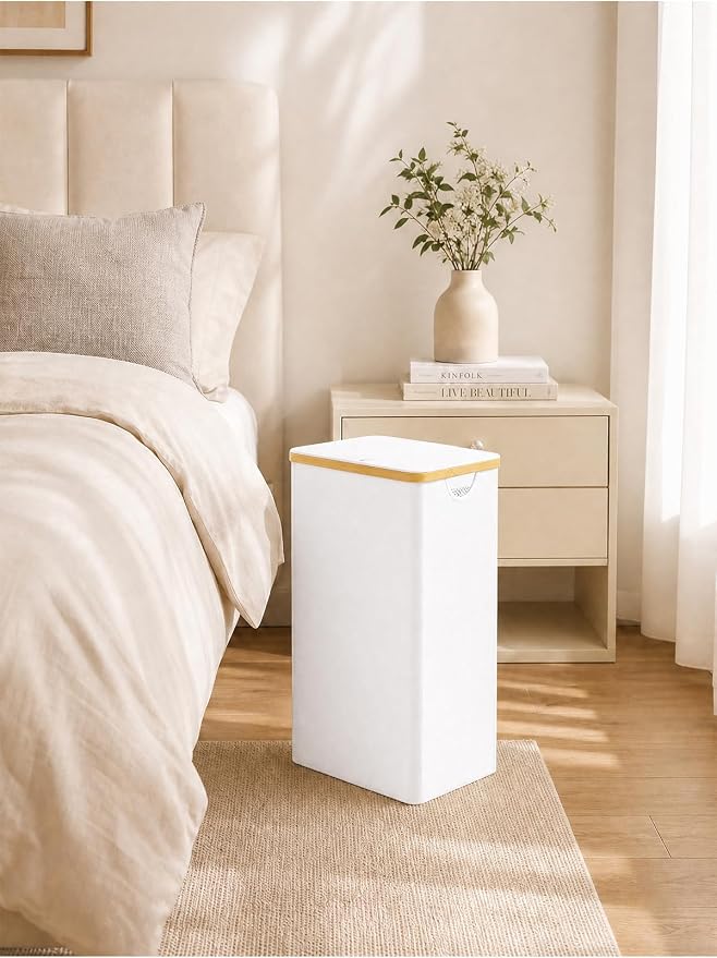 IEGrow Laundry Hamper with Lid,110L Laundry Basket with Mesh Bags,White | Dirty Clothes Hamper Basket with Bamboo Handle for Clothes Towels